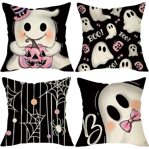 Halloween Spooky Ghost Boo Decorative Throw Pillow Covers 18 x 18 Set of 4, Black Pink Jack O Lantern Pumpkin Porch Outdoor Home Decor, Funny Spider Web Polka Dots Couch Cushion Case
