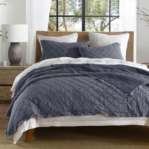 HORIMOTE HOME 100% Linen Front/100% Cotton Back Quilt Set King Size, Steel Blue Pre-Washed European Flax Linen Quilt, Diamond Stitch Bedspread Coverlet Bedding Set 3-Piece for All Seasons