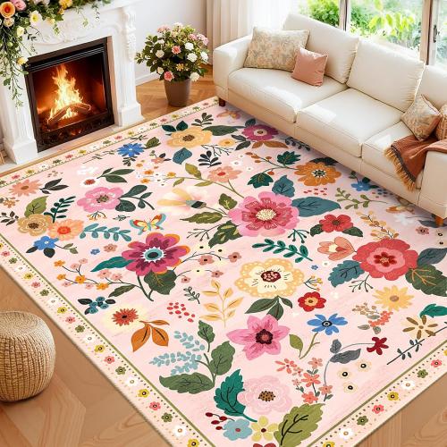 Floral Nursery 8x10 Area Rugs Washable Print Boho Cute Carpet Non Slip Flower Low Pile for Living Room Kids Girls Playroom Bedroom Kitchen Office Farmhouse-Pink