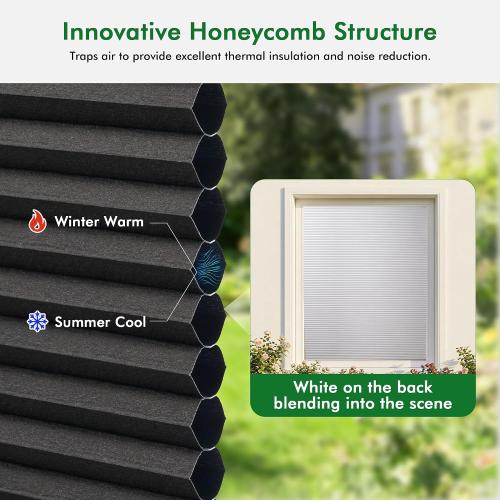 Cordless Cellular Shades, No Drill No Tools Honeycomb Window Blinds, Blackout Light Blocking Cellular Shades for Window, Thermal Insulation Blinds, Easy to Install, Black 29 W x 64 H
