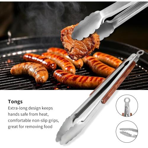 FJNATINH Heavy-Duty Grilling Accessories Rose Wooden BBQ Grilling Tools Set,Outdoor Grill Set with Spatula, Fork, Brush & Tongs,Essential Accessories for Barbecue & Grill. Ideal Gift for Men