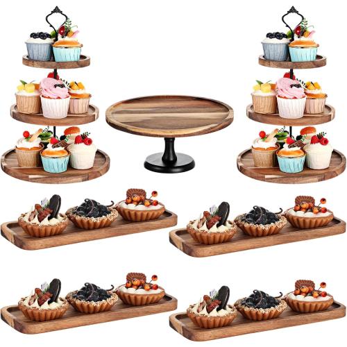 Havawish 7 Pcs Wood Dessert Table Display Set, 3 Tier Wooden Cupcake Stand Round Cake Stand Rectangular Serving Tray Platter for Display Tea Party Wedding Farmhouse(Natural Color)