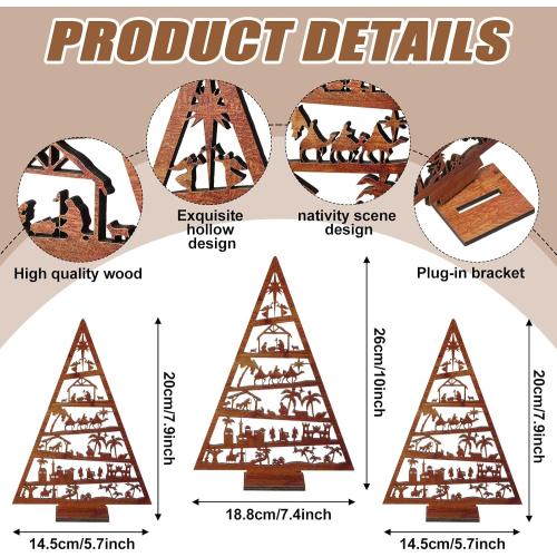Huwena 3 Pcs Christmas Nativity Scene Table Ornament Vintage Jesus Nativity Set Rustic Farmhouse Holiday Wood Tree Wooden Christmas Tree Tabletop Decoration for Home Tiered Decor Xmas Signs (Novel)