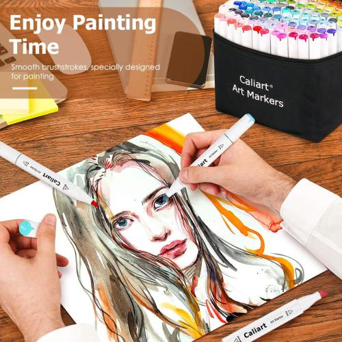 Caliart Alcohol Based Markers, 52 Colors Art Marker Set Fine & Chisel Dual Tip, Permanent Colored Pens for Adults Artists Coloring Book Illustration Sketch Lettering Drawing Cards Planner