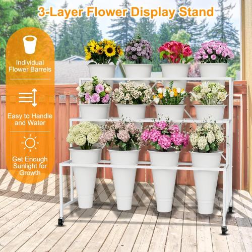 Flower Stand, 3-Tier Flower Display Stand with Buckets for Indoor Outdoor, Flower Cart Display Stand with Wheels for Courtyard, Balcony, Flower Shop, Wedding, Party, Exhibition, White
