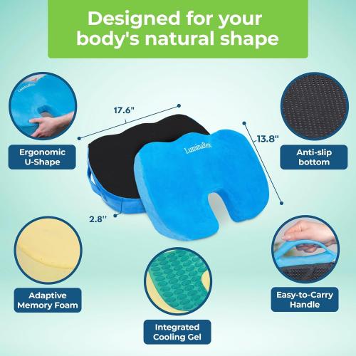 LuminaRest® Gel Seat Cushion for Long Sitting – CertiPUR-US® Certified Memory Foam – Tailbone Pain Relief Cushion, Adaptable for Office, Car, Airplane & Wheelchair – (Blue)