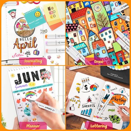 Caliart Alcohol Based Markers, 52 Colors Art Marker Set Fine & Chisel Dual Tip, Permanent Colored Pens for Adults Artists Coloring Book Illustration Sketch Lettering Drawing Cards Planner