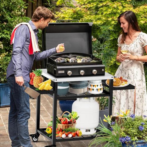 42 x 20 Three-Shelf Grill Cart, Outdoor Grill Table with Pizza Oven & BBQ Grill Stand