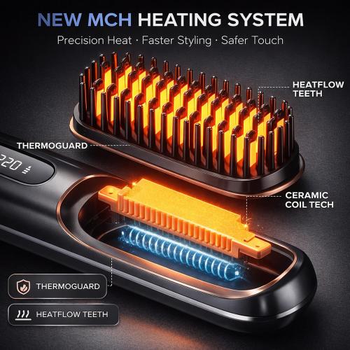 Go Brush Pro - 2026 Portable Straightener Brush for Travel, Cordless Hair Straightener Comb for Women (Black)