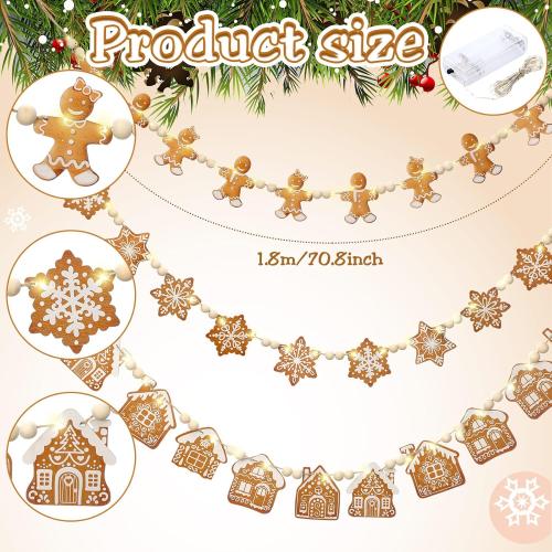 Youyole 3 Pcs Wooden Gingerbread Garland Banner LED Christmas Wooden Bead Gingerbread Man House Snowflake Decoration 5.9 ft Rustic Hanging Banner for Mantel Fireplace Holiday Room Wall Decoration
