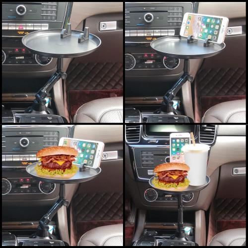 Cellet Cup Holder Tray for Car with Phone Mount – Expandable Base, 360° Rotation Food & Drink Tray with Non-Slip Surface, Adjustable Arm for Eating in Vehicle – Fits Most Standard Car Cup Holders