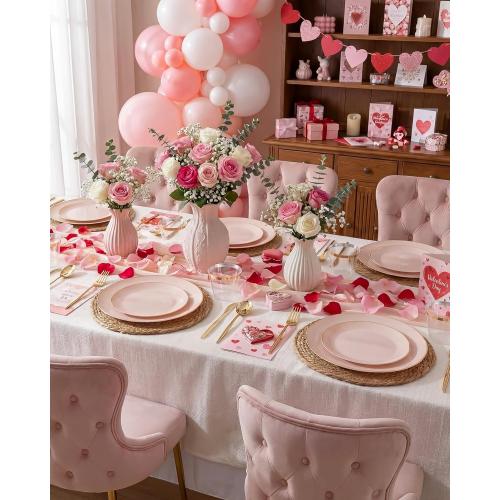 PULOTE 100PCS Pink Plastic Plates - Heavy Duty Pink and Gold Disposable for Party, Wedding, Valentines & Galentines Day, Include 50 Each (Dinner & Dessert) Plates