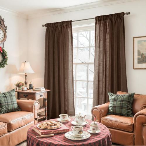 YoungsTex Brown Linen Curtains 84 Inch Length for Living Room - Chocolate Light Filtering Drapes Semi Sheer with Rod Pocket Back Tab for Bedroom, 2 Panels, 52 X 84 Inch