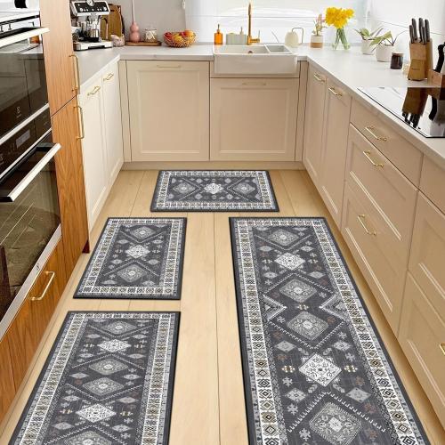 Boho Kitchen Rugs Sets 4 Piece with Runner Floral Kitchen Floor Mat Carpet Farmhouse Kitchen Rugs and Mats Non Skid Washable Runner Rug for Kitchen Floor Sink