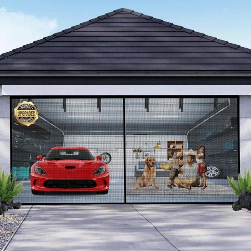 Garage Door Screen for 2 Car Garage 16x7FT, Magnetic Screen Garage with Retractable Fiberglass Mesh and Heavy Duty Weighted Bottom, Easy Assembly & Pass, Hands Free Door Screen Kit