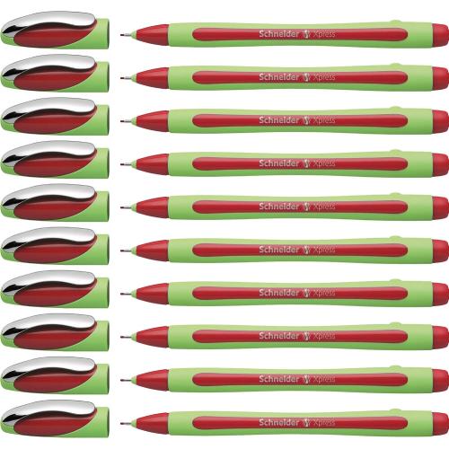Schneider Xpress Premium Fineliner, 0.8 mm Porous Point, Light Green Barrel, Red Ink, Box of 10 Pens (190002)