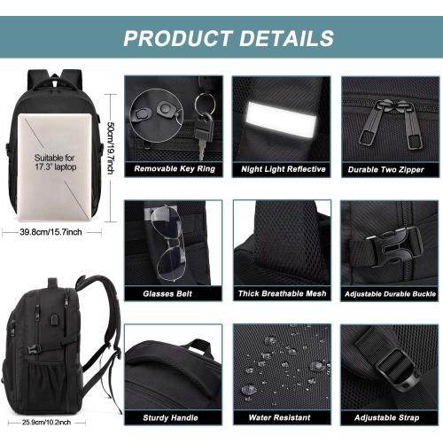 Extra Large Backpack for Men 50L,Water Resistant 17.3 inch Travel Laptop Backpack with USB Charging Port,TSA Friendly Big Business Anti Theft Computer Bag Work College School Bookbags Gifts,Black
