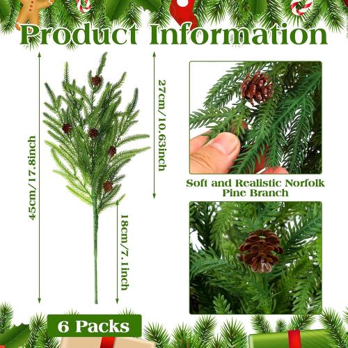 Yinder Norfolk Pine Branches with Pine Cones Artificial Xmas Branches for Indoor Outdoor Home Decor (6 Pcs)