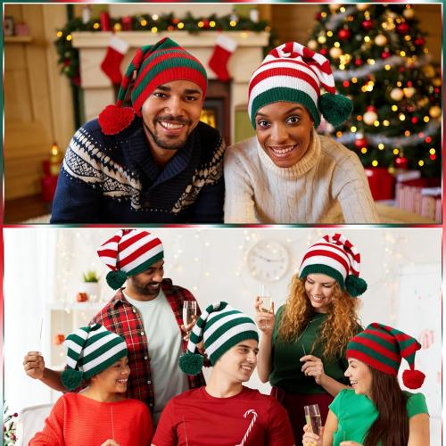 6 Pcs Christmas Elf Hat Knitted Santa Hat Winter Beanie Striped Hat for Adult Xmas New Year's Party Costume Accessory