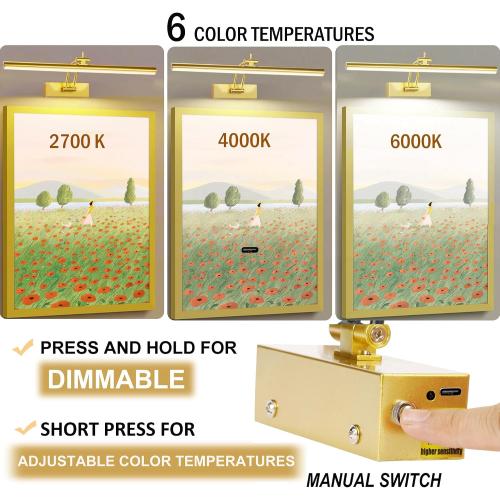 4 Pack Picture Light Battery Operated for Wall, 16 Wireless Art Lighting for Painting, 6 Colors Picture Frame Lights with Remote, Dimmable 5200mAh Gallery Light, Gold