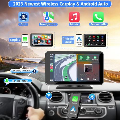 Portable Wireless with Apple CarPlay and Android Auto Screen for Car, 7 HD Touch Screen Car Stereo with Mirror Link, Bluetooth 5.2, Backup Camera, AUX,FM Transmitter for All Vehicle