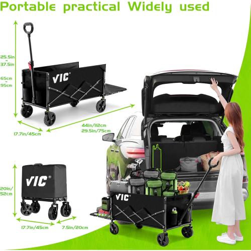 VIC Collapsible Folding Wagon, Extra Long Extender Wagon Cart,Beach Wagon Cart Heavy Duty 440LBs Foldable, Utility Grocery Wagon with Side Pocket for Camping Garden Sports, V1max