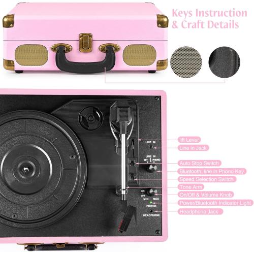 Vinyl Record Player 3-Speed Bluetooth Suitcase Portable Belt-Driven Record Player with Built-in Speakers RCA Line Out AUX in Headphone Jack Vintage Turntable Pink