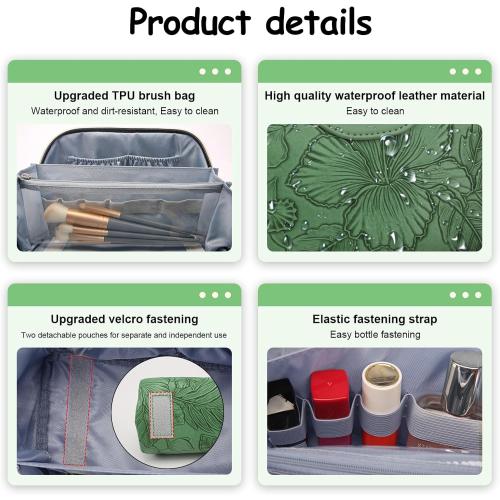 BOYATU Travel Makeup Bags Cosmetic Organizer Bag: 3-Set Large Capacity Make up Bag - PU Leather Toiletry Bags for Women - Wide Open Portable Pouch with Divider & Handle (03-Green-2)