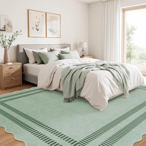 Washable 8x10 Rugs for Living Room Bedroom, Non-Slip Sage Green Indoor Carpet for Dining Room Office, Ultra Thin Scalloped Soft Carpets for Kids Nursery Playroom