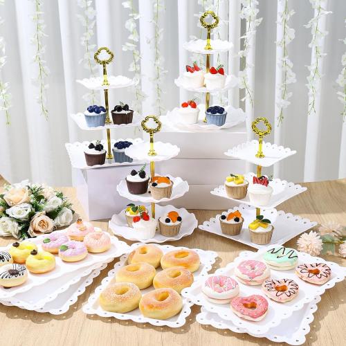 Dessert Table Display,10Pcs Cake Stand Set,4 Pcs 3 Tiered Cupcake Stands and 6 Pcs Dessert Trays Serving Trays for Party Baby Shower Wedding Tea Party