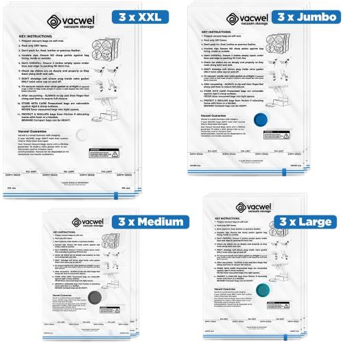 12-Pack Variety - Vacuum Storage Bags for Clothes, Packing & Storage - Strong Vacuum Space Bags for Comforter, Quilt & Mattress Topper Compression - Premium Sealing Solutions in XXL, Jumbo, L, M Sizes
