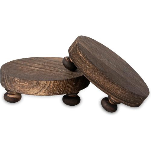 Romadedi Farmhouse Wood Riser for Display- 2 pcs Rustic Decor Mini Wooden Pedestal Decorative Round Tray for Home Table Bathroom Counter Shelf Kitchen, Brown