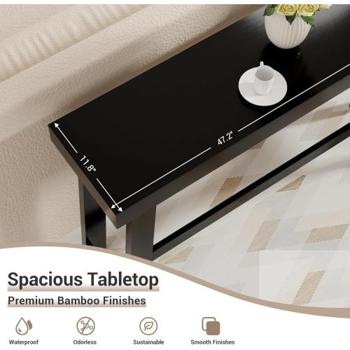 Bamboo Wood Entryway Table 47.2 Console Table, Narrow Sofa Table with Support Beam for Entrance, Hallway, Living Room, Bedroom, Foyer(Black)