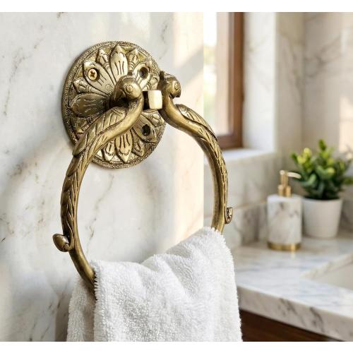 7.5 Inches - Brass Hand Towel Hanger Holder | Hand Towel Hanger Holder | Towel Holder for Bathroom in Twin Peacock Design