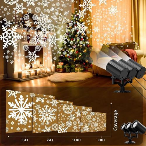 Christmas Snowflake Projector Lights Outdoor 360°Rotating Brightness Three Head Projection Lights Decor Suitable for Christmas, Indoor and Outdoor Party Decorations
