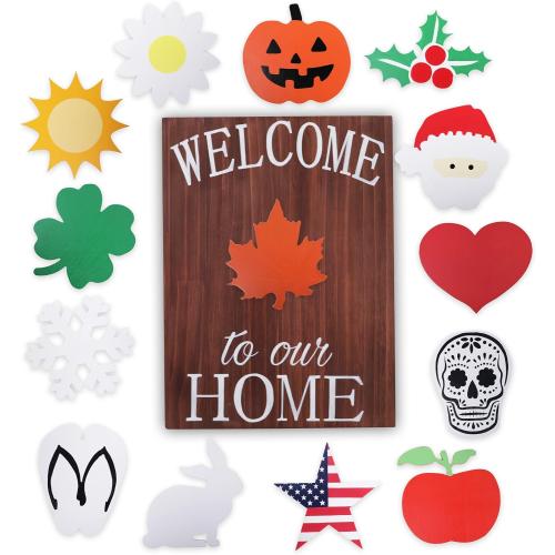 Holiday Welcome Sign for Front Door by Onyx Haus, Easter, Spring Housewarming Gift- Large, Interchangeable Decorations w/ 14 Unique Seasonal Pieces 11x15