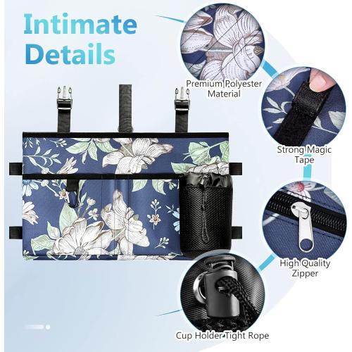 Rhino Valley Walker Bag, Multi Pockets Folding Walker Basket Tote Bag with Cup Holder, Hand-free Carry Pouch Storage Bag for Universal Walkers, Large Capacity Organizer for Seniors Elderly,Blue Cosmos