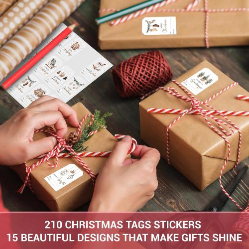 AUDREE 210 Pcs Christmas Gift Tags Sticker - Self Adhesive Cozy Holiday Gift Tags for Xmas Presents - Christmas Name Tags Label Stickers for Xmas Gifts Wrap Presents Box Envelope Decor