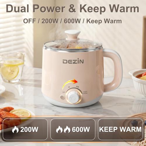 Dezin Electric Pot, 1.6L Ramen Cooker, Hot Pot Electric Stainless Steel, Multifunctional Cooker for Egg, Pasta, Soup, Porridge, Oatmeal with Temperature Control and Keep Warm Function