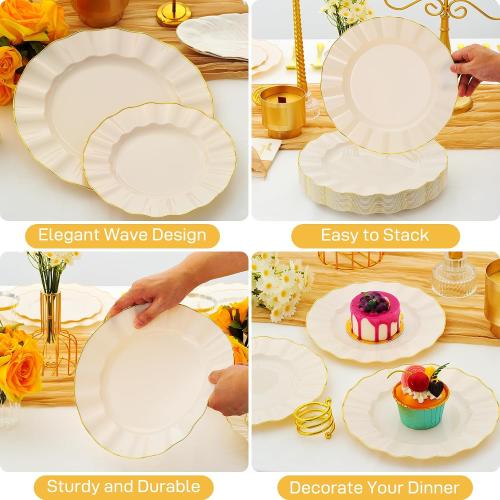 60Pcs Heavy Weight Ivory Plastic Plates with Gold Trim, Heavy Duty Wedding Plates, Elegant Disposable Plate Sets include 30 10 Dinner & 30 7 Dessert Plates for Party & Wedding(30 Guests)