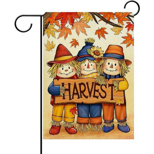 Dyrenson Fall Harvest Scarecrow Decorative Garden Flag, Autumn Maple Leaves Yard Outside Home Decoration, Farmhouse Burlap Outdoor Small Decor Double Sided 12 x 18