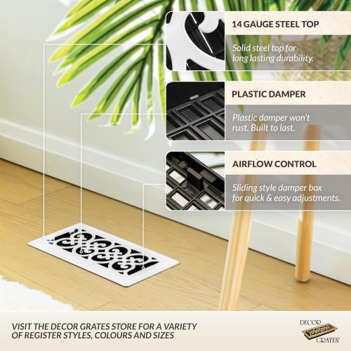 Decor Grates FS410-WH Scroll Design Floor Register,4x10, White