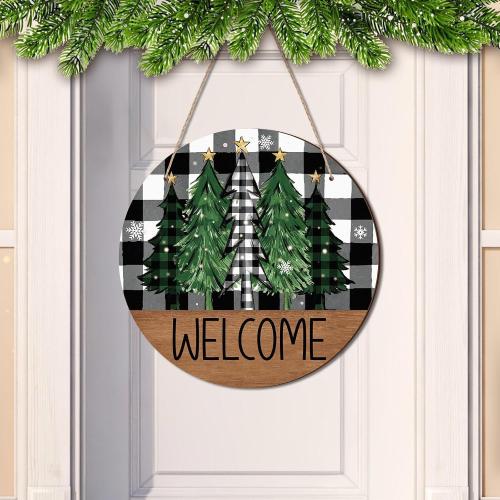 Christmas Welcome Door Sign Decoration Rustic Xmas Tree Winter Wonderland Wreath Black White Buffalo Plaid Hanging Sign Farmhouse Xmas Winter Decor for Front Porch Door Wall Window 2 pk