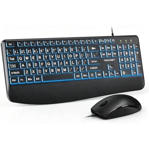 TECKNET Wired Keyboard and Mouse Combo, 7 Color Backlit Large Print Ergonomic Keyboard with Wrist Rest, Soft Typing, USB Plug & Play, Silent Keyboard Mouse Set for PC, Mac, Laptop, Blue