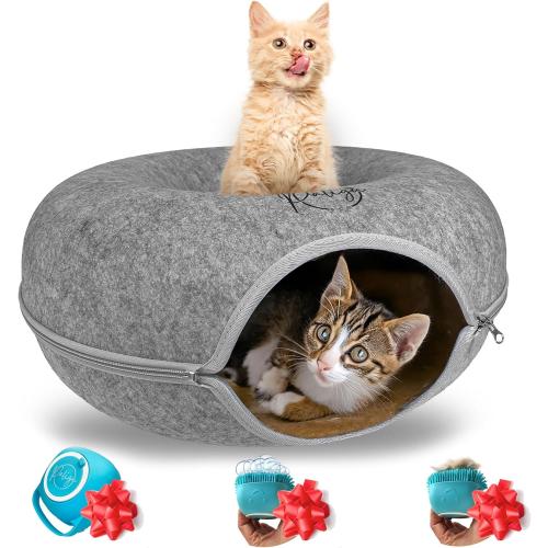 Peekaboo Cat Cave, Cat Tunnel Bed, Premium Cave Donut Tunnel Bed Set with Pet Brushes Bath Massage, Donut Design - Ideal Houses for Indoor by PALIGU & CO (Grey, Medium)