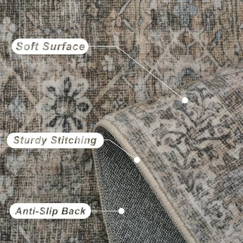 LARGE Washable Area Rug Grey Brown Vintage Rug for Living Room Bedroom Low Pile Soft Non-Slip Boho Rug for Under Table Boho Distressed Retro Carpet for Bedroom Kitchen Office Dining