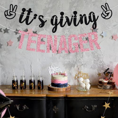 It's Giving Teenager Banner, Bruh I'm 13, Official Teenager, Hello Thirteen, Happy 13th Birthday Party Decorations Supplies for Girls