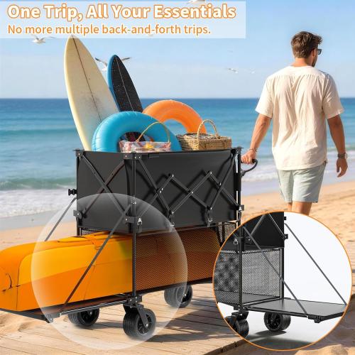 480L Double Decker Wagon, 58 L Extended Foldable Utility Cart with Tailgate, Big All-Terrain Wheels with Brakes, 520lbs Heavy Duty Collapsible Wagon for Camping Beach Sports Grocery Pets