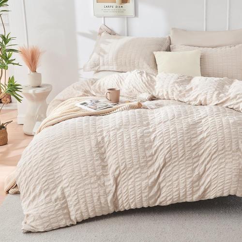 Beige HYMOKEGE Comforter Set Seersucker 7 Pieces, All Season Luxury Bed in a Bag for Bedroom, Bedding Set with Comforters, Sheets, Pillowcases & Shams