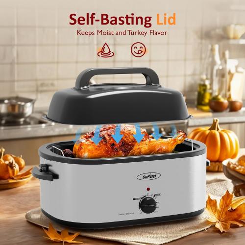 Sunvivi Electric Roaster,28 Quart Roasting Oven with Self-Basting Lid Removable Pan,Turkey Roaster Oven with 150 to 450F Temperature Control Cool-Touch Handles, Sliver. No warranty